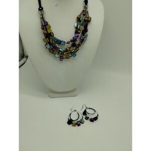 Triangle Beaded Necklace Blues Purple Green Corded 17" And Earring Set